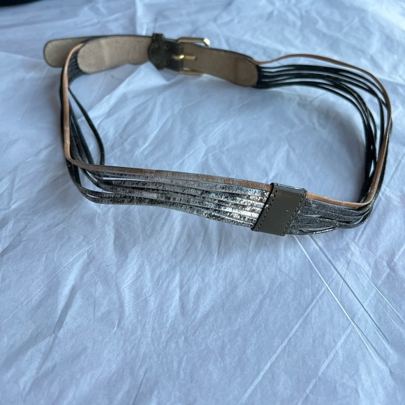 VTG 70s belt olive tan silver leather distressed sz S strappy gold buckle - Picture 4 of 11